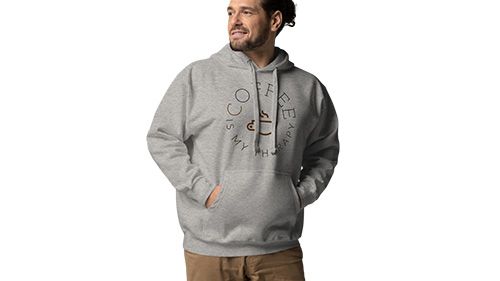 male in "Coffee is my therapy" hoodie